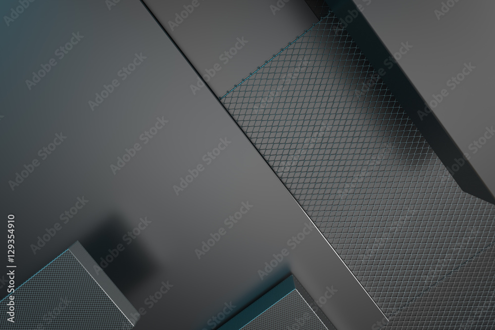 Poster 3d rendering metallic illustration background. intersection of metal forms. layout of random rectang