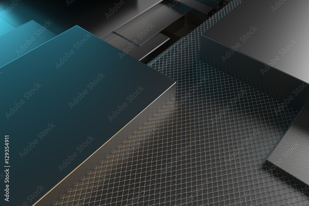 Poster 3d rendering metallic illustration background. intersection of metal forms. layout of random rectang