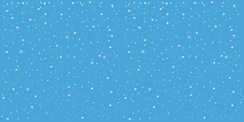 Falling snow on blue background. Vector image. Abstract snowflake backdrop. Winter composition with glowing elements. Snowfall in motion. Template in seasonal style for your design. Snowy horizontal