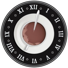 Cup of cocoa on big clock. Coffee break. Tea time.