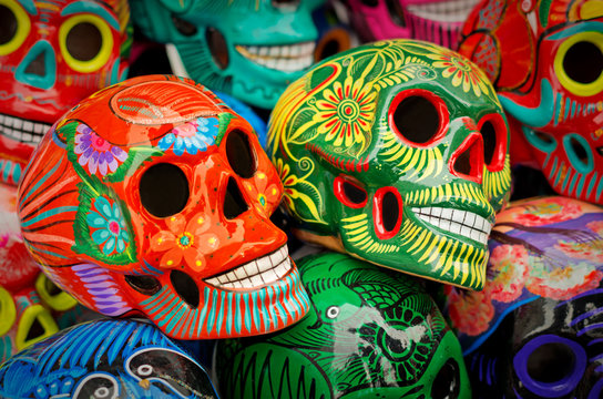 Decorated colorful skulls at market, day of dead, Mexico