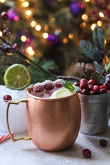 Cranberry Moscow Mule against holiday xmas background