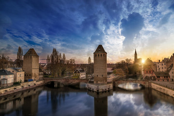 Strasbourg, medieval bridge Ponts Couverts is located in the historic district 