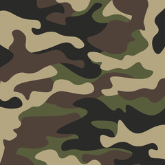 Naklejka premium Camouflage pattern background. Classic clothing style masking camo repeat print. Green brown black olive colors forest texture. Design element. Vector illustration.
