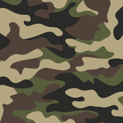 Camouflage pattern background. Classic clothing style masking camo repeat print. Green brown black olive colors forest texture. Design element. Vector illustration.