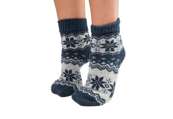 Winter socks on his feet