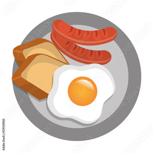 "Delicious breakfast with egg, sausages,and bread over white background