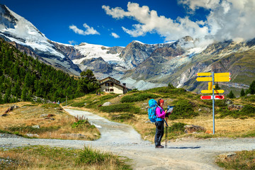 Alpine hiking trails with hikers,Zermatt,Switzerland,Europe - obrazy, fototapety, plakaty