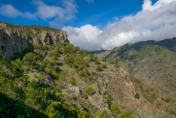 Fototapeta na wymiar View down the valley towards roque de agando and Vallehermoso, La Gomera, Canary Islands