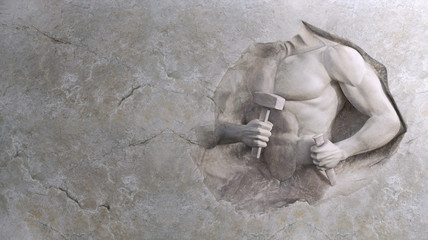 epic background of athletic man cuts his sports body of marble stone