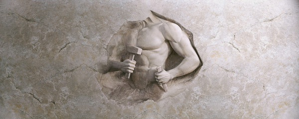 epic background of athletic man cuts his body of marble stone