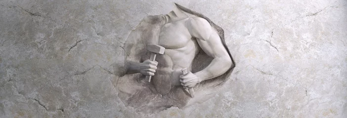 Foto op Canvas epic background of athletic man cuts his body of marble stone © Andrey Cherlat