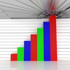 A 3D rendered graph with red, green and blue bars with the last bar breaking through a glass ceiling.