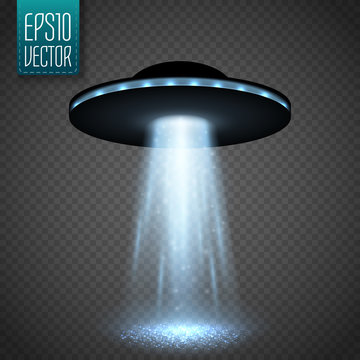 UFO spaceship with light beam isolated on transparnt background. Vector