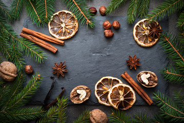 Fototapeta na wymiar Christmas spices background. Baking ingredients.