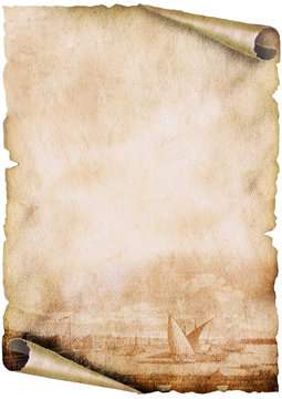 Altes Papier, Papyrusrolle mit historischem Hafenmotiv