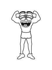 Muscle bodybuilder strong poser fitness exercising man sexy monster face crazy crazy comic cartoon