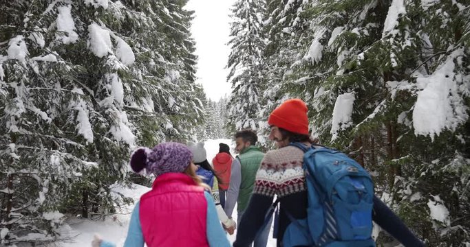 People Group Hiker Walking Snow Winter Forest Traveler Friends With Backpack Back Rear View Slow Motion 60