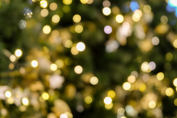 Obraz na płótnie Canvas christmas tree bokeh light in green yellow golden color, holiday abstract background, blur defocused