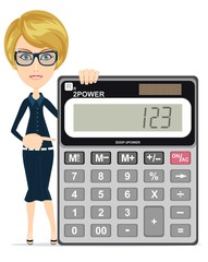 Accountant or manager shows the calculator to work