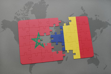 puzzle with the national flag of morocco and chad on a world map