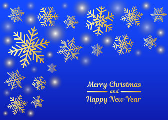 Naklejka na ściany i meble Christmas card with gold snowflakes on blue background. Vector.