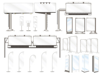 Set vector illustrations of advertising constructions and outdoor billboard
