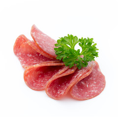 Salami smoked sausages slices isolated on white background.