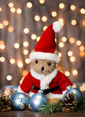 Christmas background with decorations on wooden board