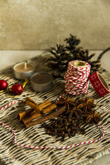 Anise, cinnamon, cloves. Christmas spices for gingerbread. Beige background.