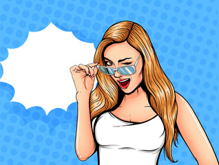 Pop Art Vintage advertising poster comic girl with speech bubble. Pretty girl winking at you © stonepic