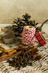 Anise, cinnamon, cloves. Christmas spices for gingerbread. Beige background.