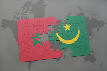 puzzle with the national flag of morocco and mauritania on a world map