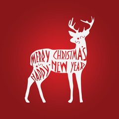 Christmas Greeting Card with reindeer. New Year Deer Retro Label. Typography 