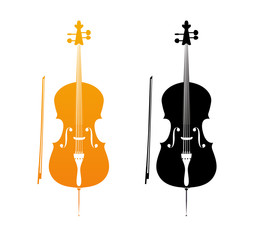 Icons of Cello in golden and black colors - orchestra strings music instrument in vertical pose, Vector Illustration isolated on white background. © Morozov Alexey