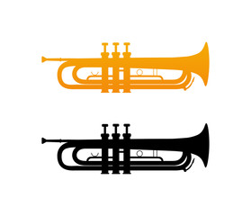 Vector Icon of Golden Trumpet with Black Silhouette of Brass Instrument Isolated on White Background.