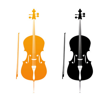 Icons of Cello in golden and black colors - orchestra strings music instrument in vertical pose, Vector Illustration isolated on white background.