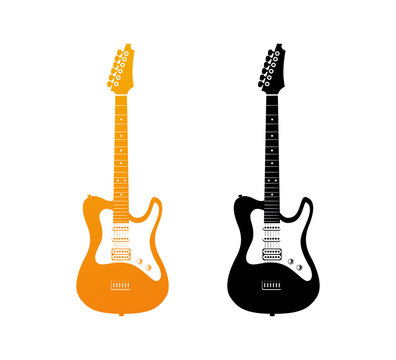 Set of Icons with Electric Guitars in Golden and Black Colors - Rock Music Instrument in vertical pose, Vector Illustration isolated on white background.