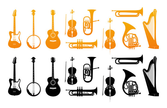 Set Icons of Orchestral Musical Instruments in Golden and Black Color. Vector Illustrations with Silhouette of Classic, Jazz and Rock Music Instruments.