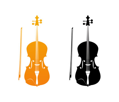 Icons of Fiddle in Golden and Black colors - Orchestra Violin Music Instrument in Vertical Pose, Vector Illustration Isolated on White Background