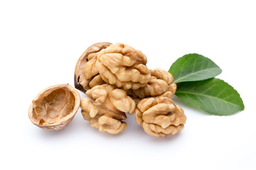 Walnut and walnut kernel isolated on the white background.