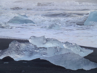 The Waves Hitting Icebergs on the Black Sand Beach, South Iceland  