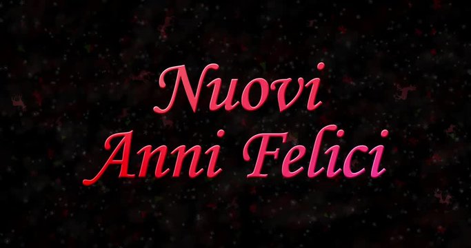 Happy New Year text in Italian "Nuovi anni felici" turns to dust from bottom on black animated background
