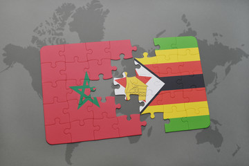 puzzle with the national flag of morocco and zimbabwe on a world map