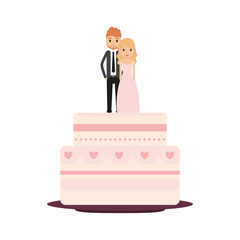 Delicious wedding cake with couple vector illustration design