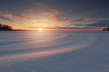 Fototapeta na wymiar Bright winter morning. Winter sun illuminate snowy field. Red su