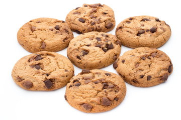 Chocolate chip cookies isolated on white background.