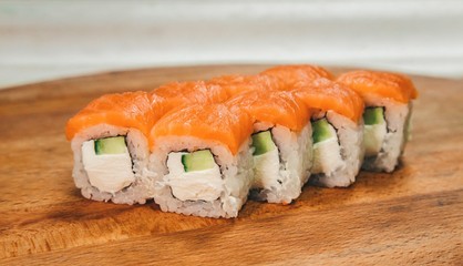 sushi set on a wooden tray