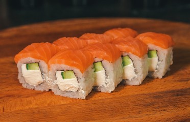 sushi set on a wooden tray