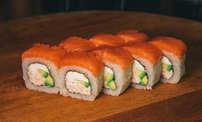 sushi set on a wooden tray